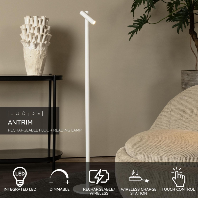 Lucide ANTRIM - Nabíjacia stojanová lampa na čítanie - Batéria - LED Dim. - 1x2,2W 2700K - IP54 - S bezdrôtovou nabíjacou podložkou - Biela